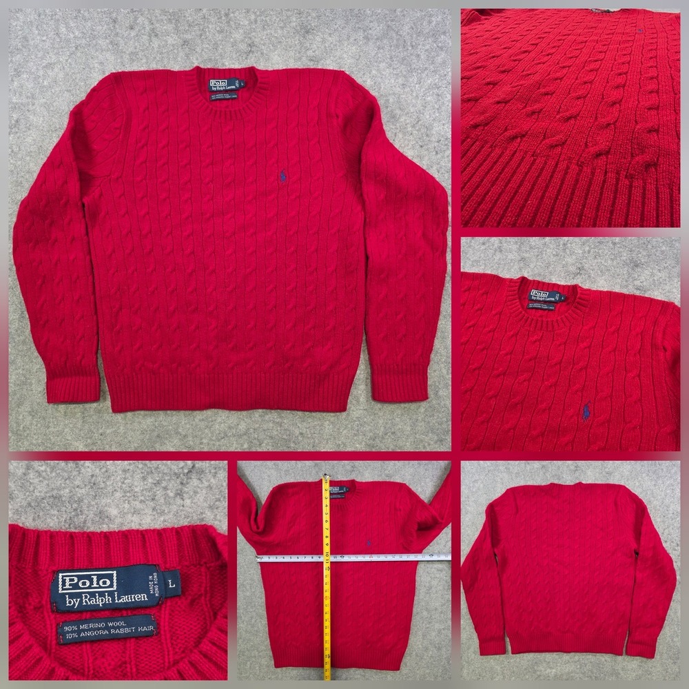 VTG Polo Ralph Lauren Sweater Mens Large Red‎ Merino Angora Cable Knit Crewneck